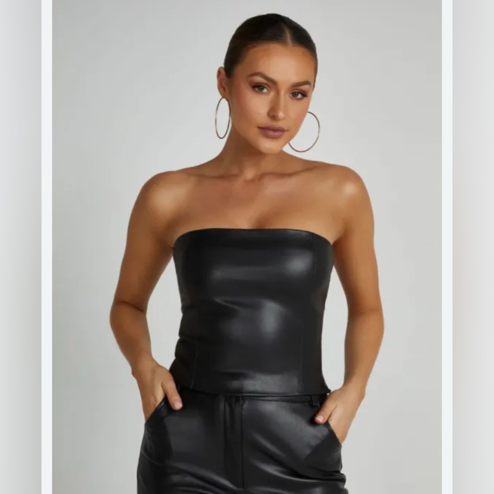 MESHKI Black Strapless Faux Leather Top Pamela crop tube strapless